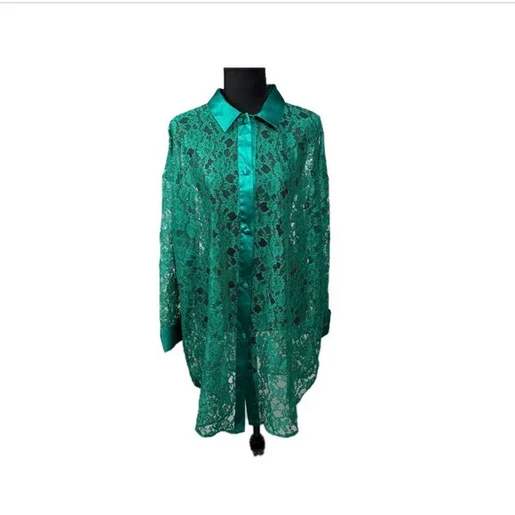 VICTORIA'S SECRET | Vtg GOLD Label Sheer Green Lace Sleep Shirt 80s 90s Sz M/L - Picture 3 of 16